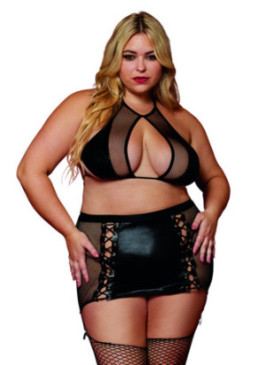 Soutien gorge et jupe porte jarretelles grande taille en résille et simili cuir - DG13290XBLK